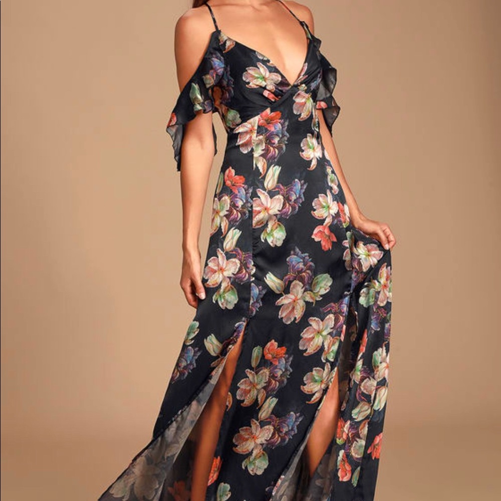 Black Floral Satin Dress.